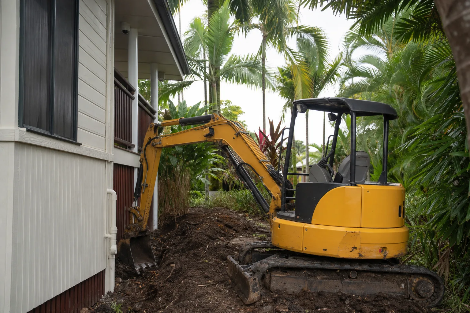 Illustrative mini excavator doing compact dig work