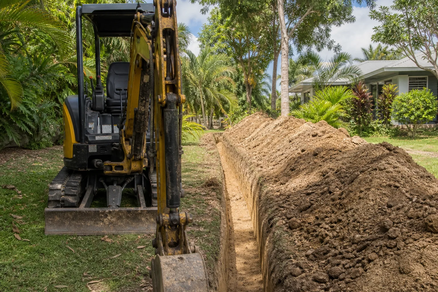 Illustrative compact excavator and worker finishing a residential trench