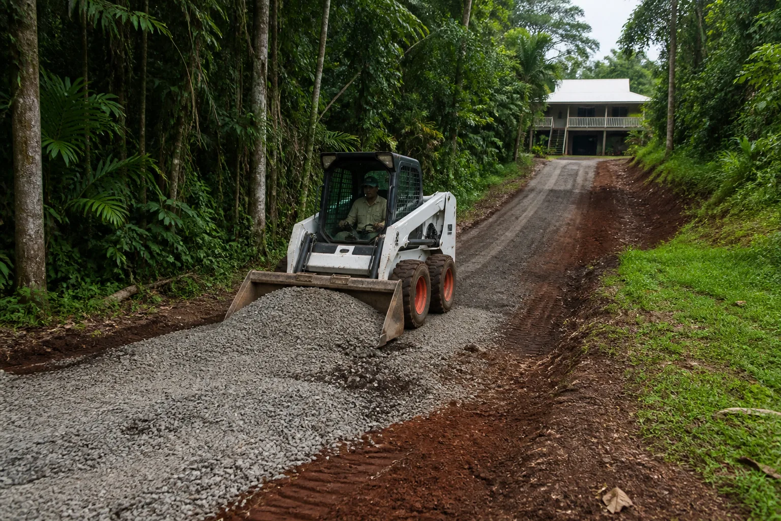 Illustrative gravel driveway leading to a rural house
