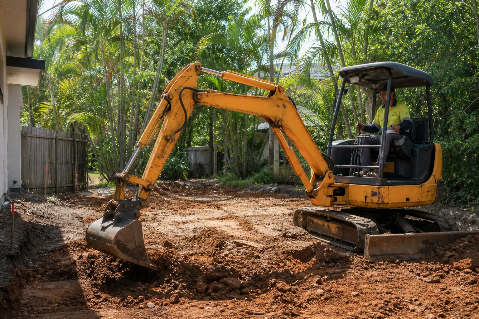 Illustrative mini excavator doing compact dig work