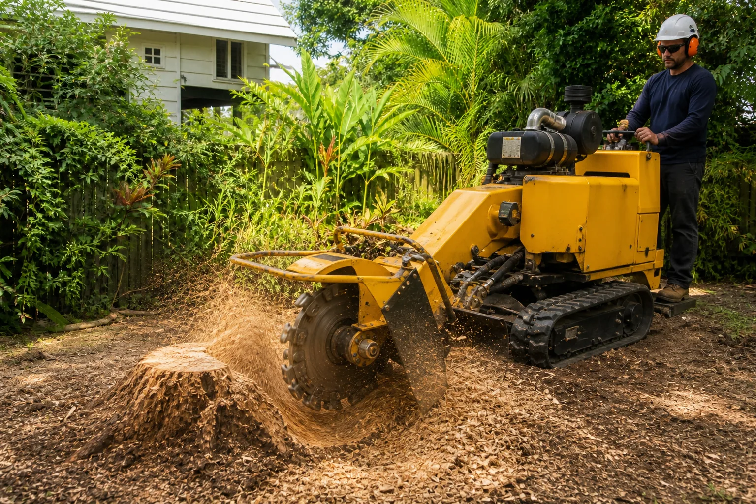 Illustrative compact skid steer — typical kit for tight-access stump and cleanup work