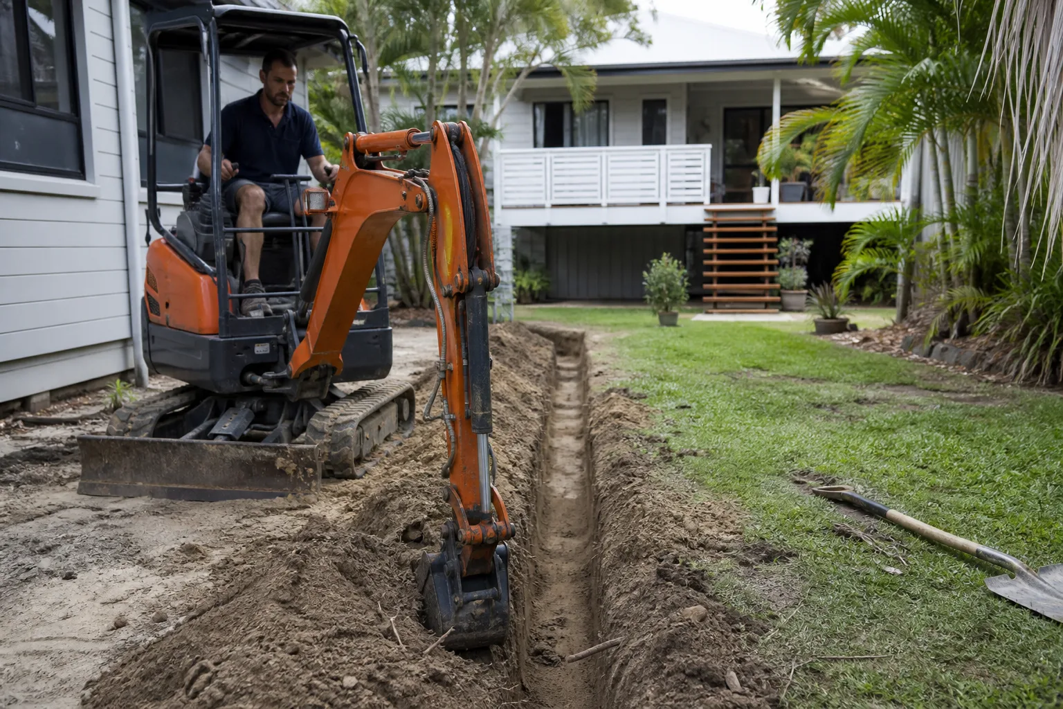 Illustrative drainage pipes laid in an excavated service trench